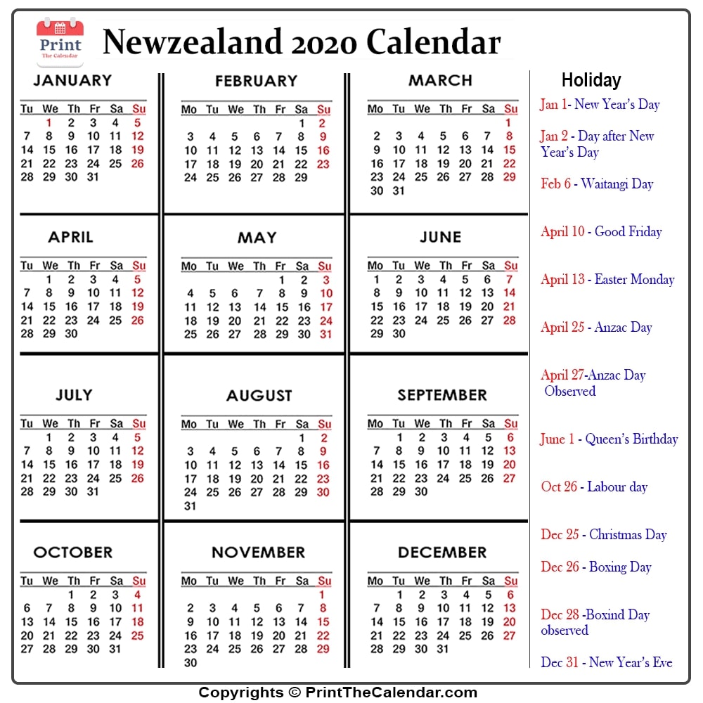 Newzealand Calendar 2020 with Newzealand Public Holidays
